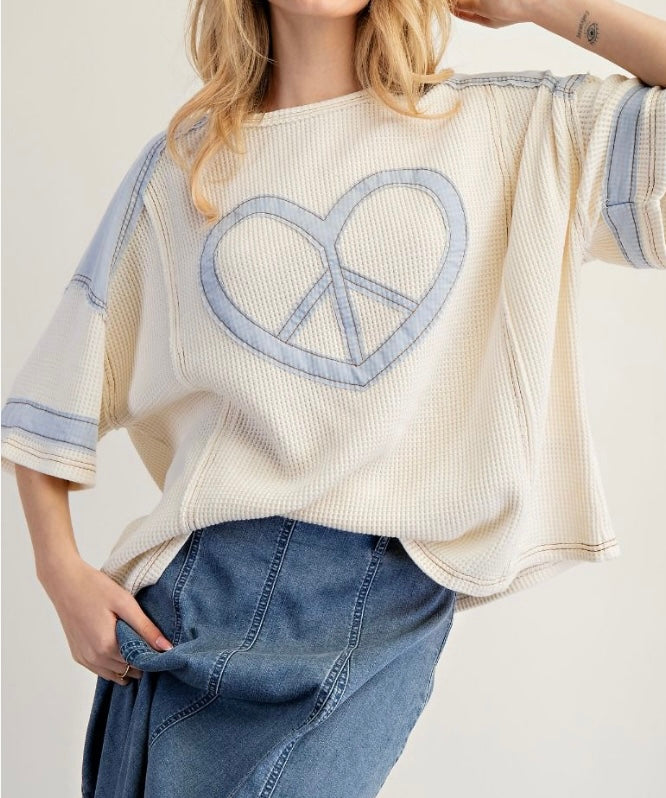 Cream And Blue Peace Heart Top