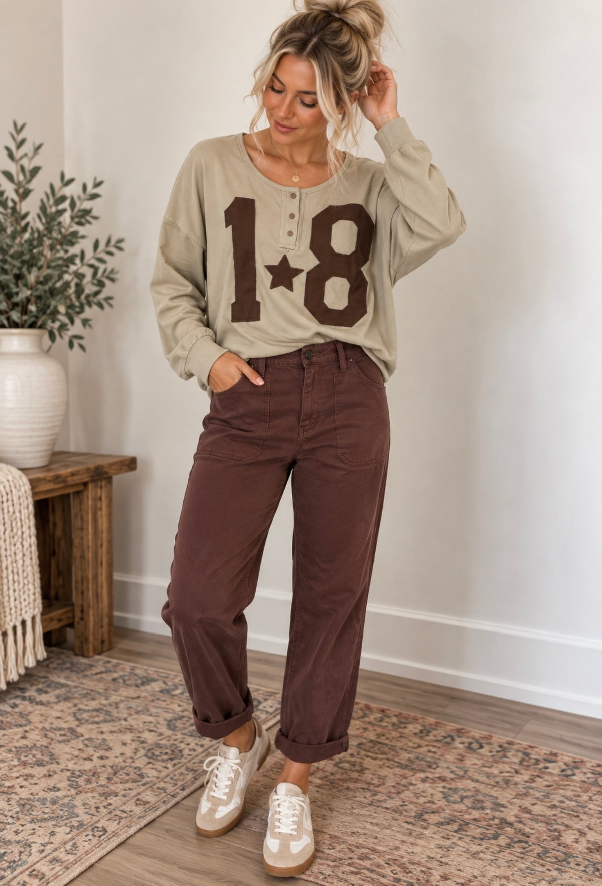 Bae Vely Oatmeal 18 Number Patch Oversized Henley Long Sleeve Top