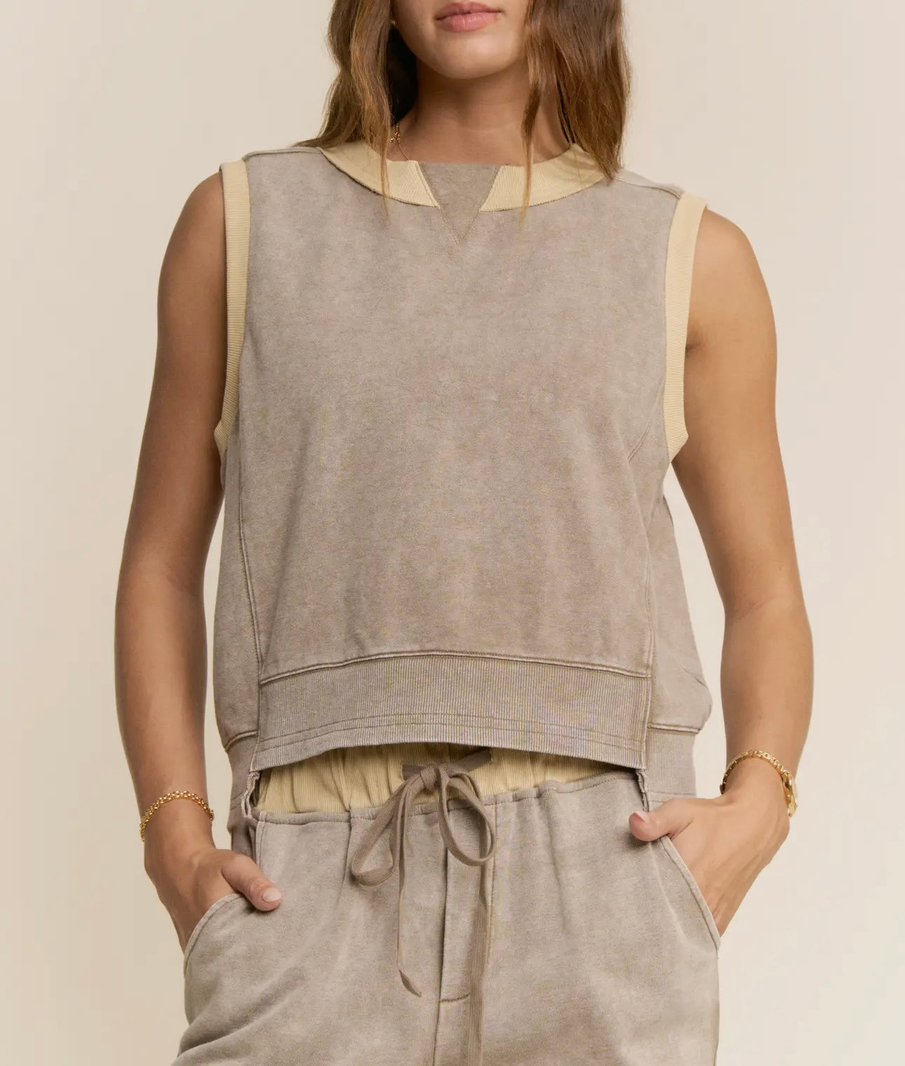 Mineral Wash Taupe/ yellow Sleeveless Soft Top