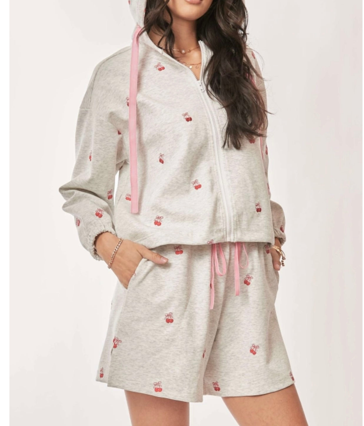 Grey Cherry Bow Hoodie and Short set