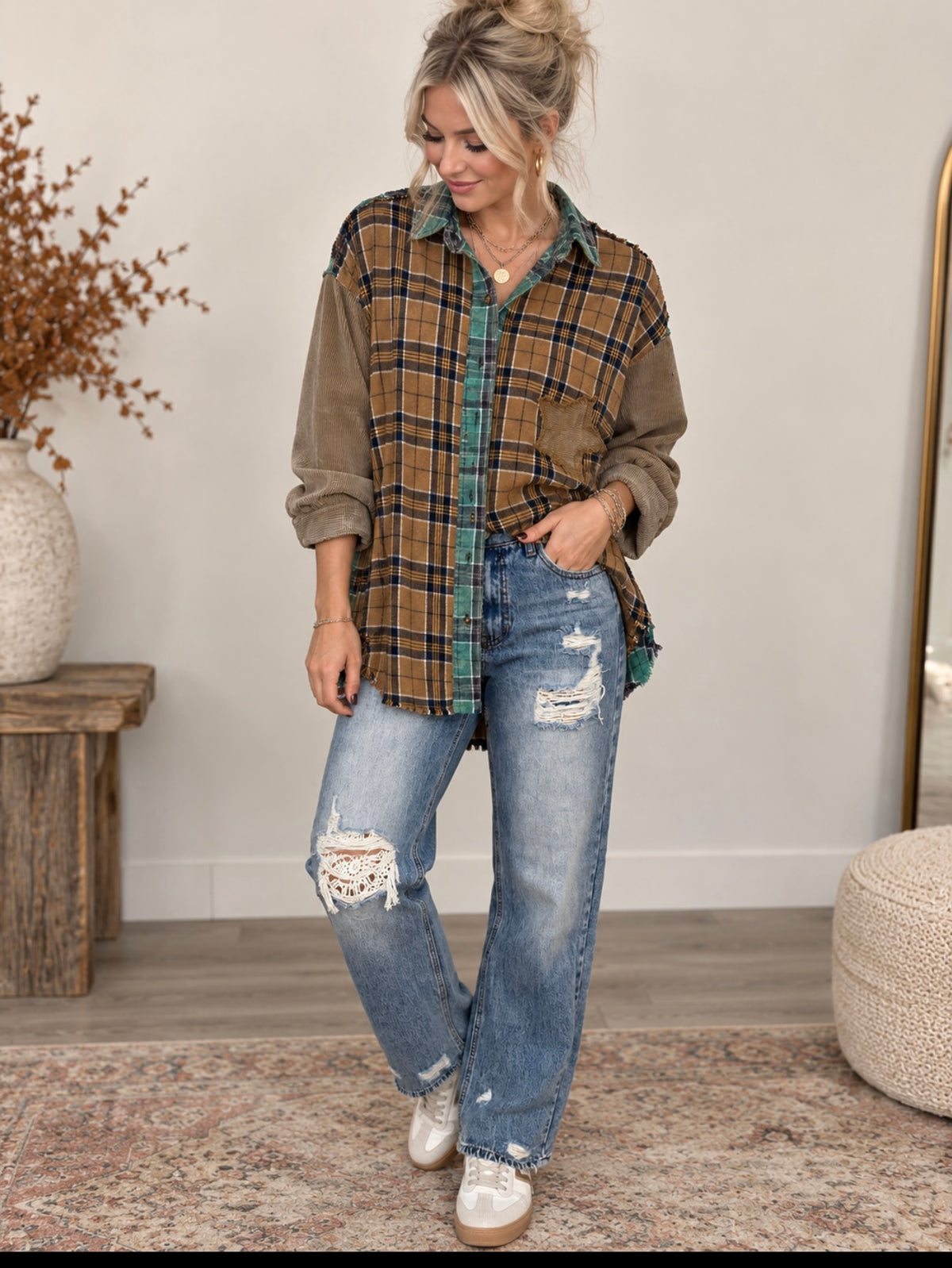 Easel Mustard Pine Flannel Cord Sleeves Top