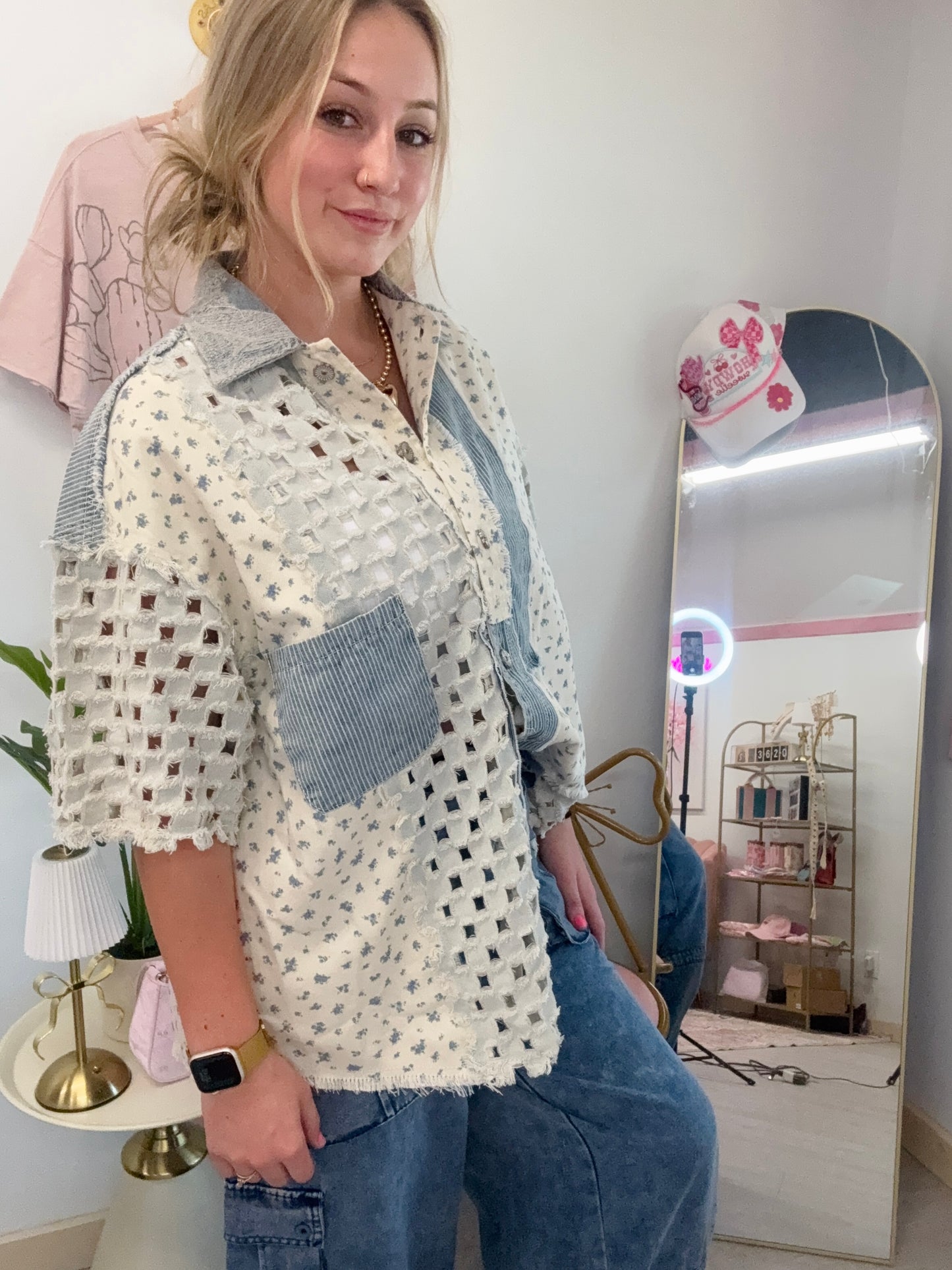 Denim Stripe Ditsy Blue Button Up Top