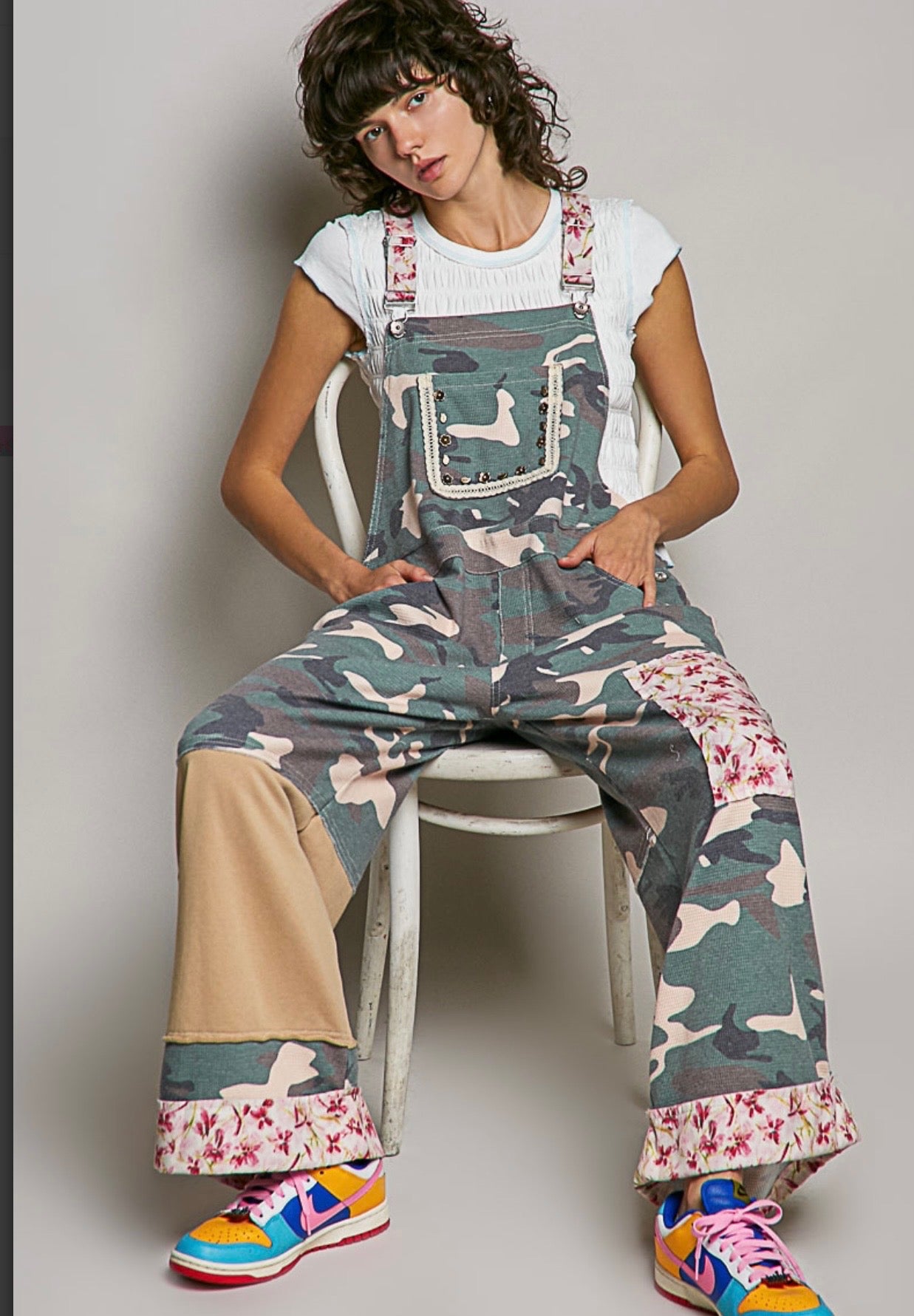 Camo floral wide leg overalls crafted from printed twill fabric