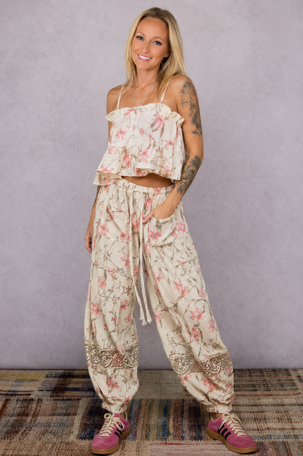 Ivory Floral Double gauze jogger pants featuring an allover floral/stripe print