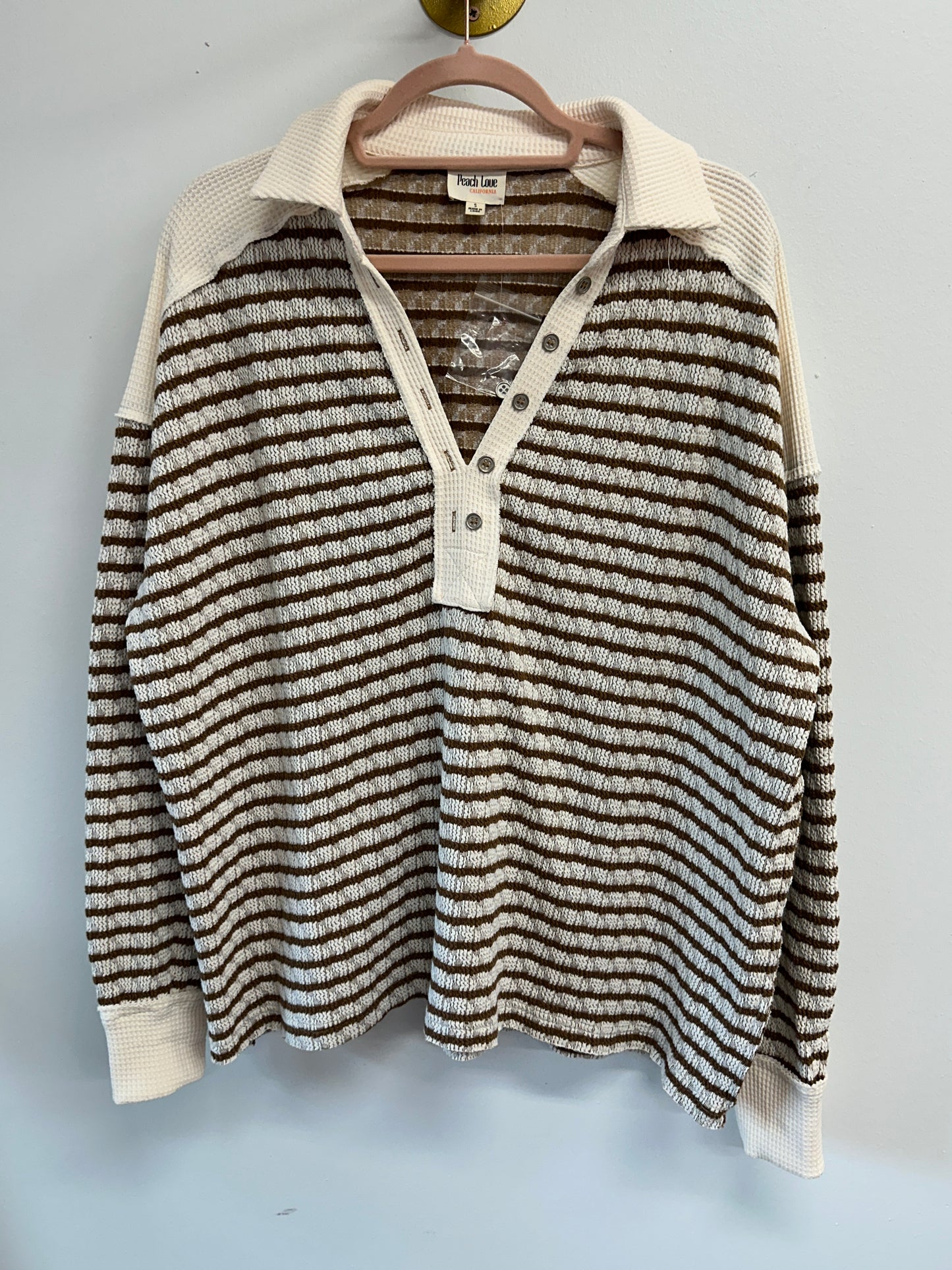 Open Collar with V Neck Stripe Mocha and Ivory Top Peach Love