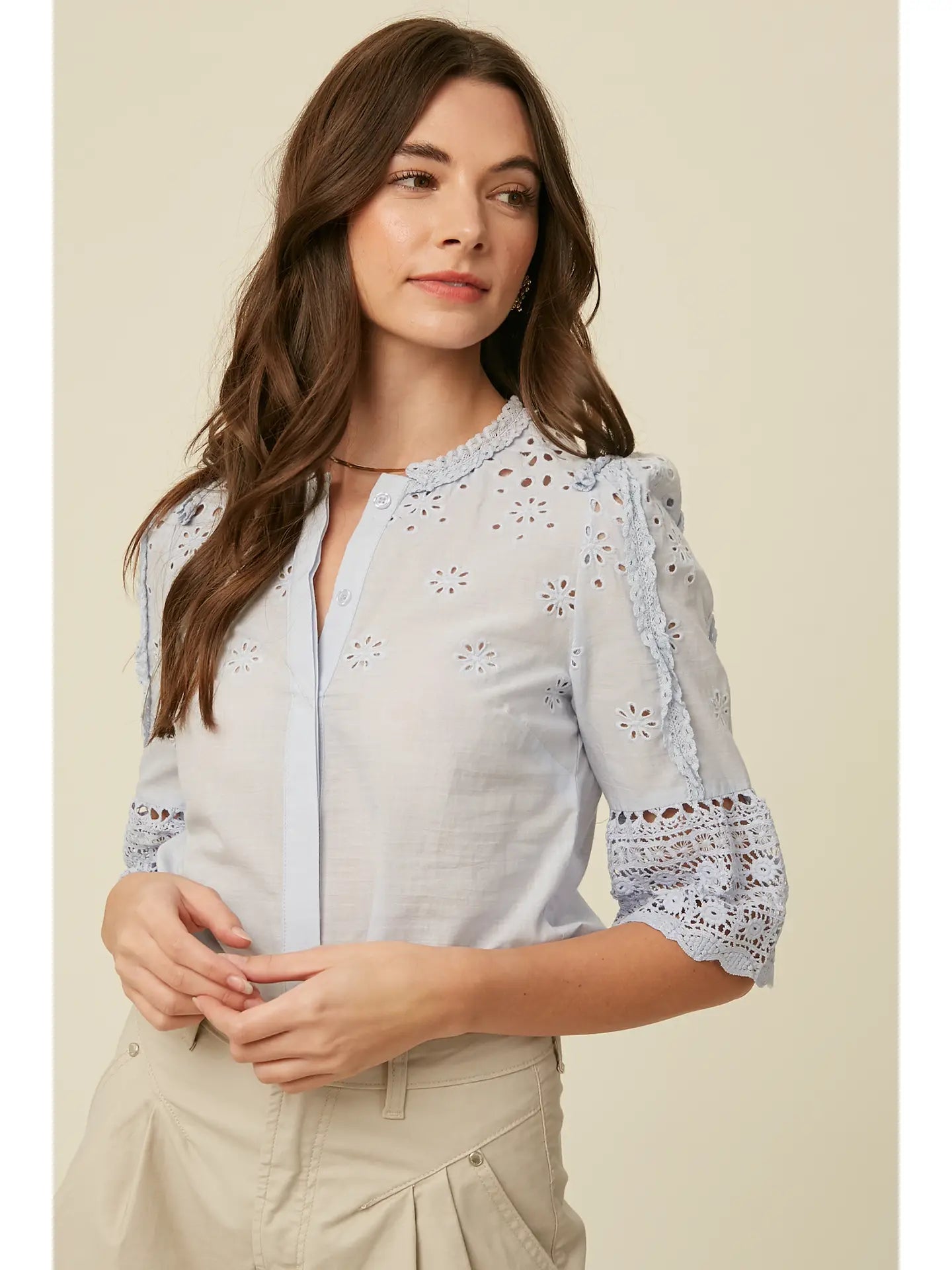 Light blue eyelet top