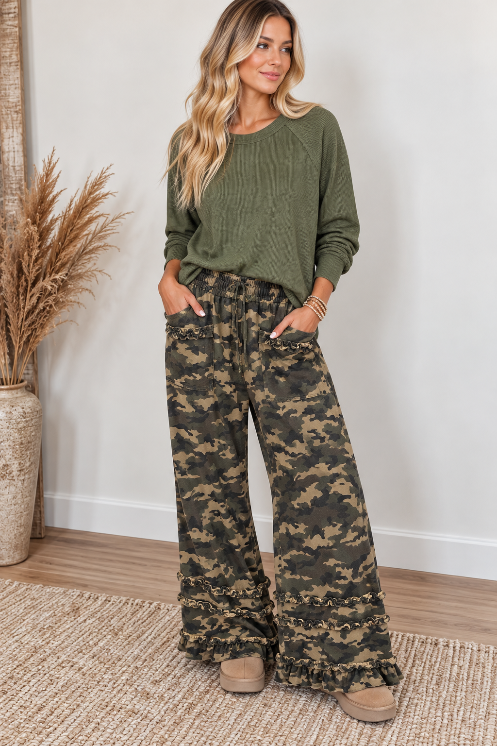 BiBi Camouflage Printed Twill Ruffled Detail Wide Pants
