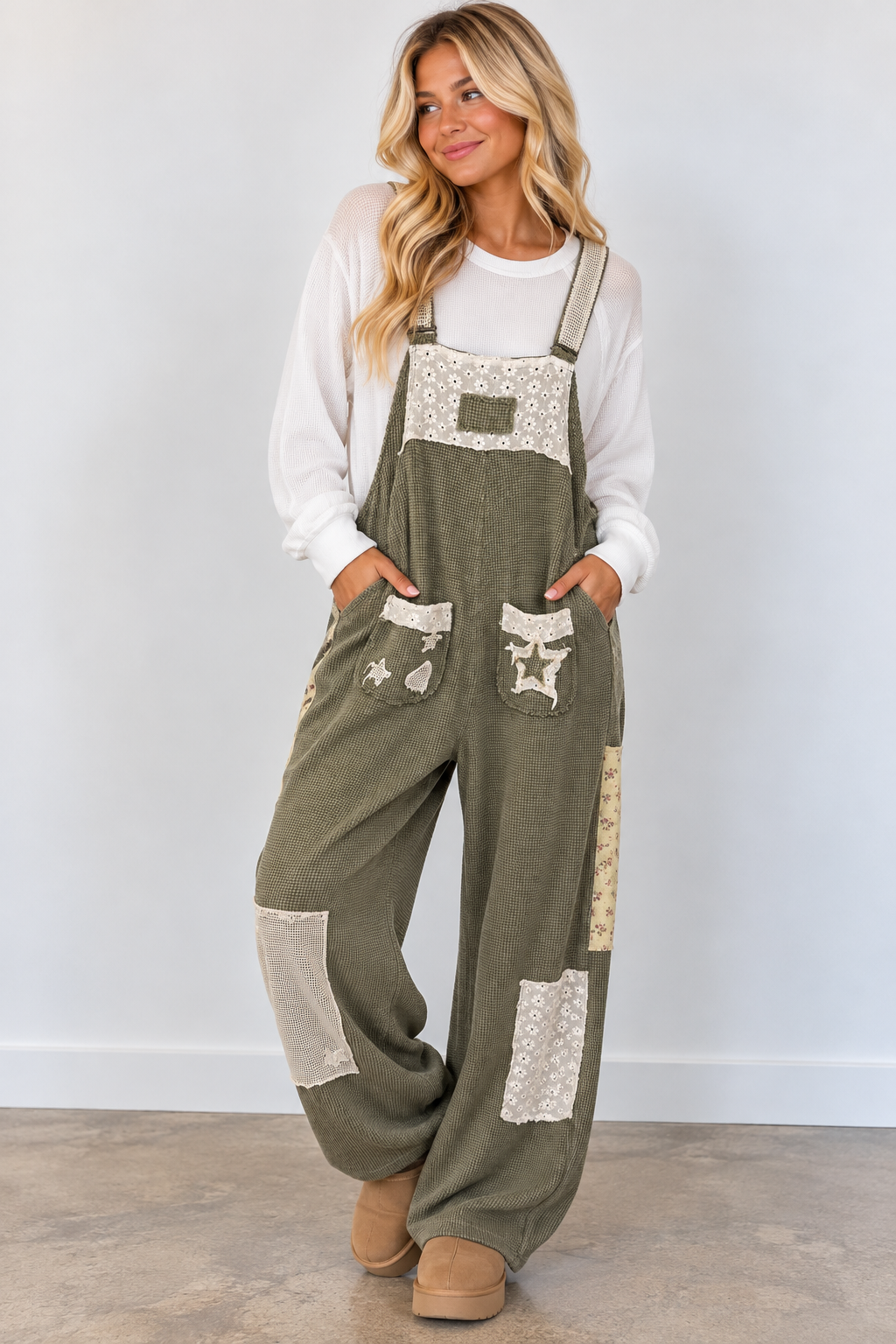 Vintage Thermal Wide Leg Eyelet Crochet Patch Overall
