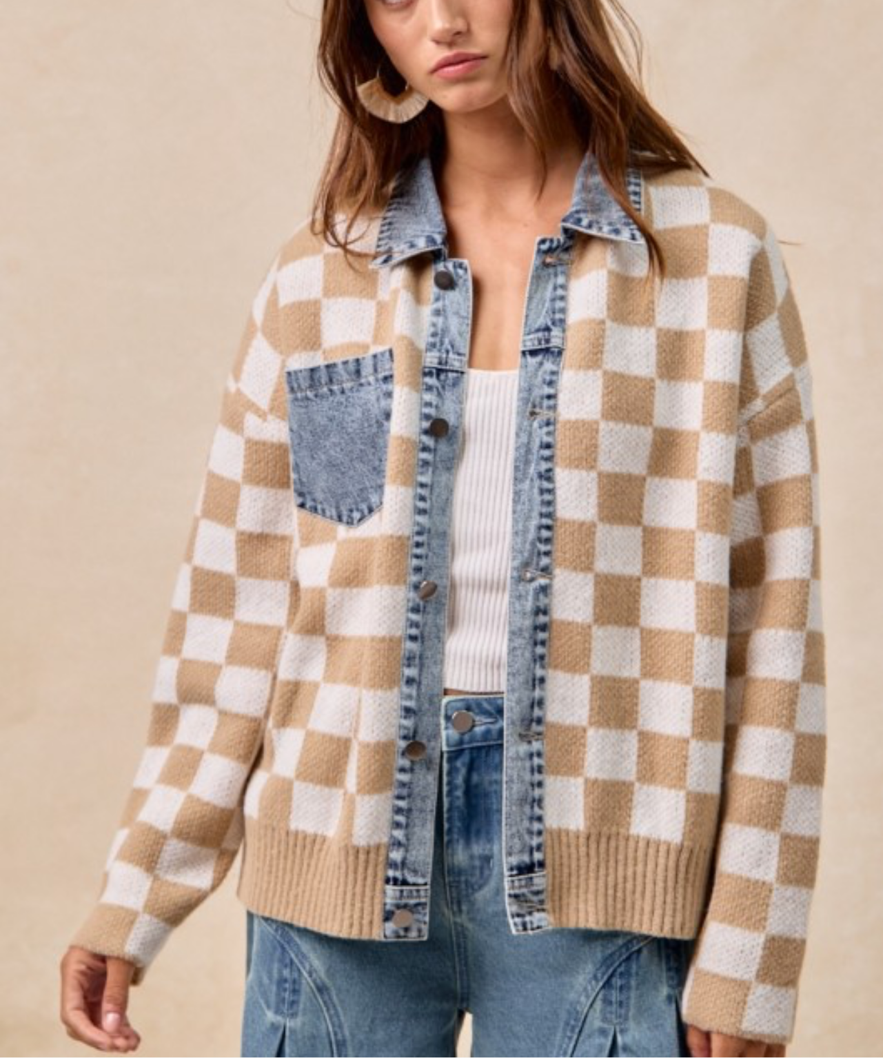 Latte Washed Denim Checkered Sweater Jacket