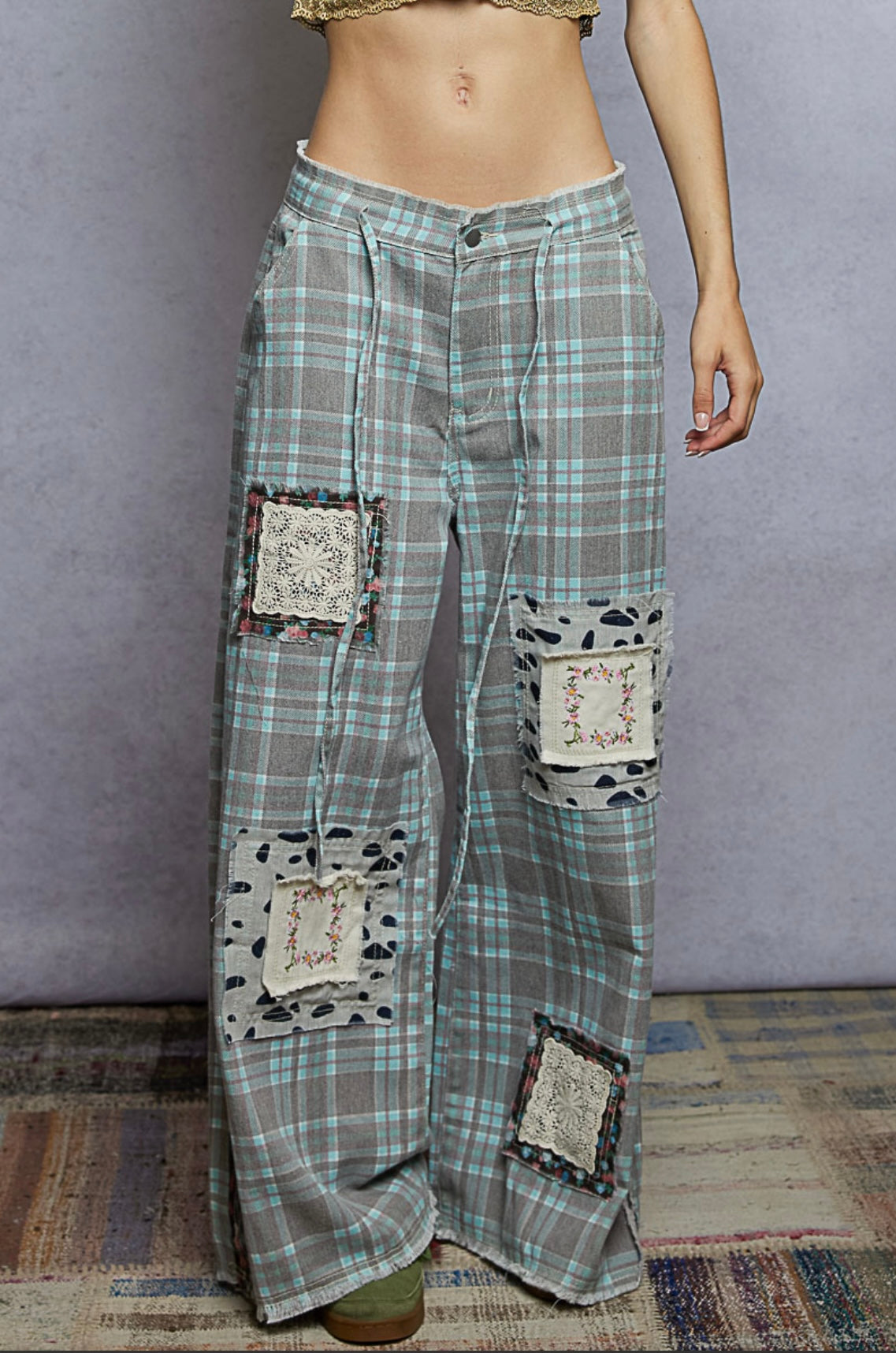 Teal Plaid/Patch Pants