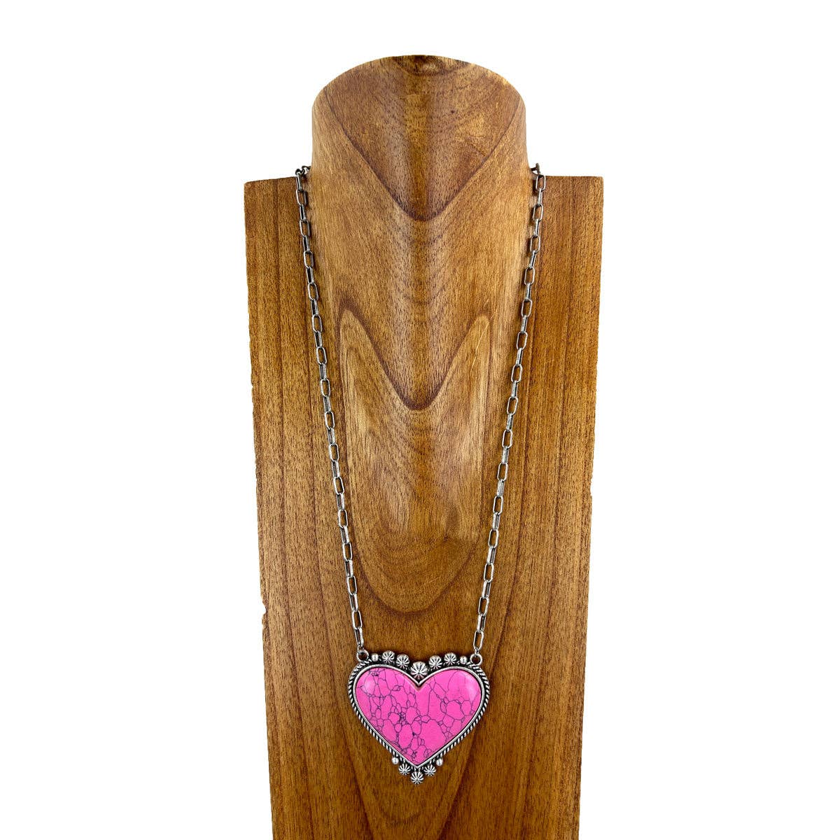 NKS230416-43 "26 inches pink stone heart necklace with paper clip shape silver metal chain"