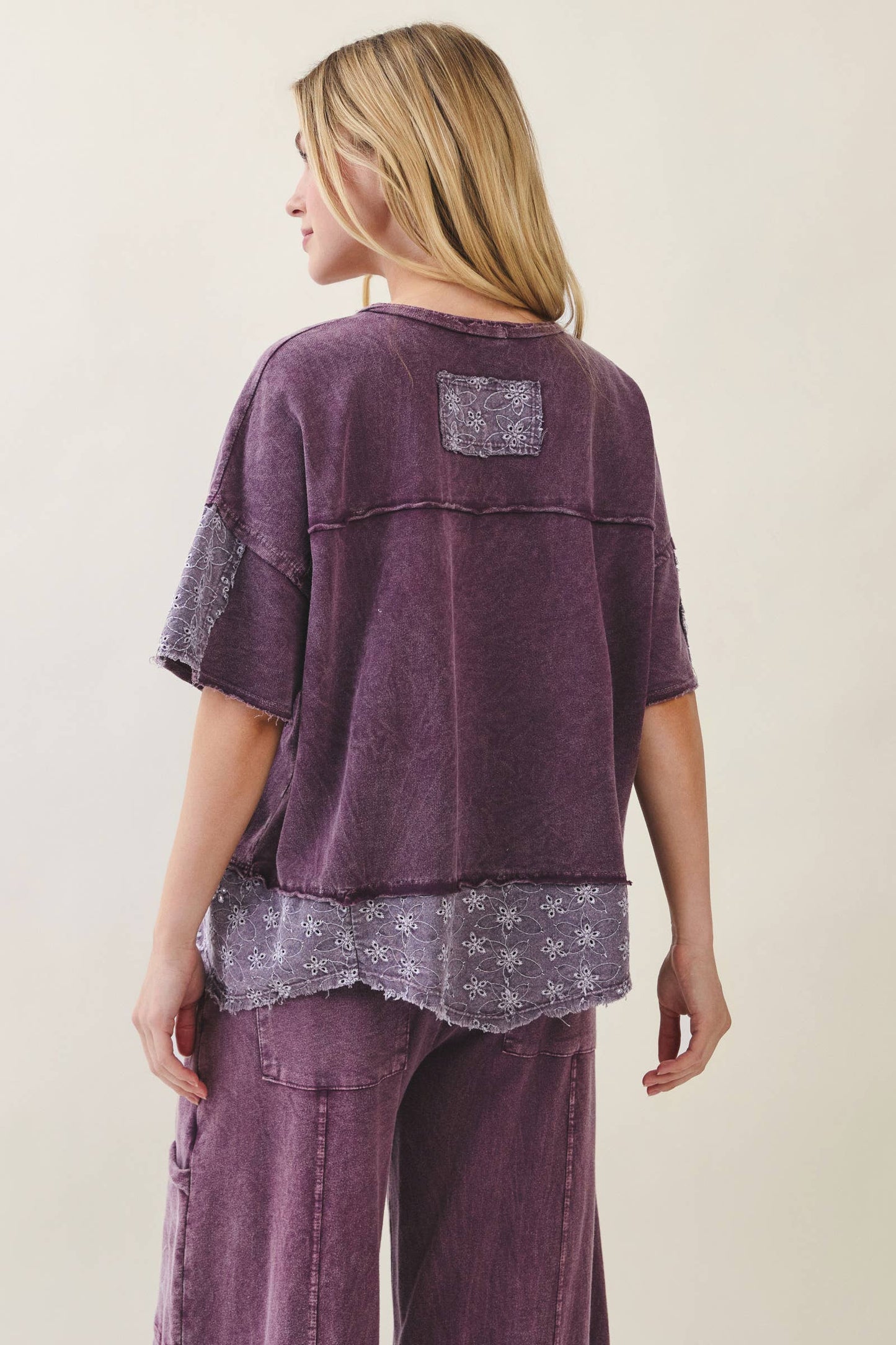 Mineral Washed Eggplant Eyelet Lace Top