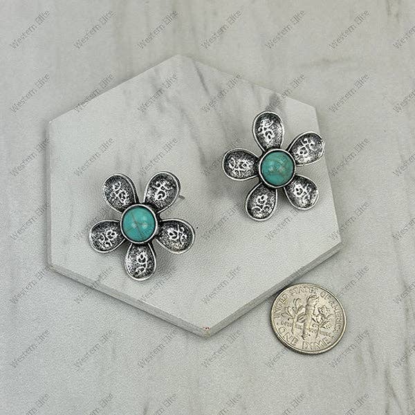 ER260328-20 Silver metal with blue turquoise stone flower Earring