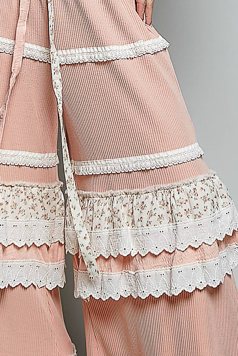 Floral Contrast Eyelet Ruffle Lace Trim Straight Knit Pants