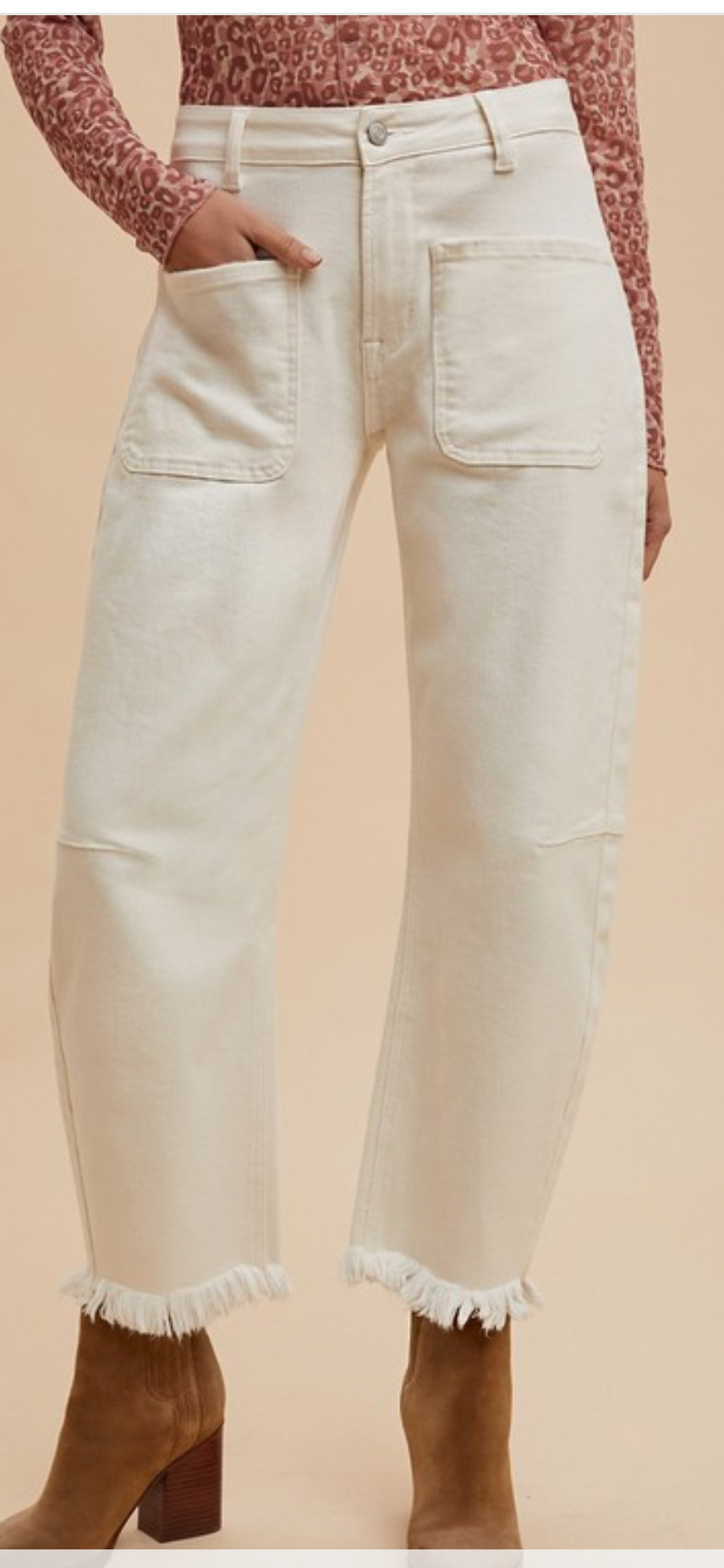 Ivory Stretch Denim Frayed Jeans