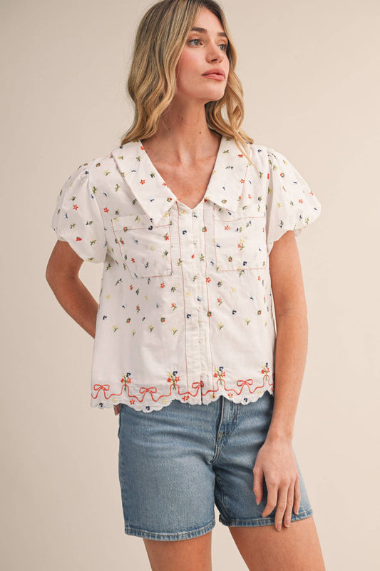 EMBROIDERED FLORAL BUBBLE SLEEVE BUTTON DOWN TOP