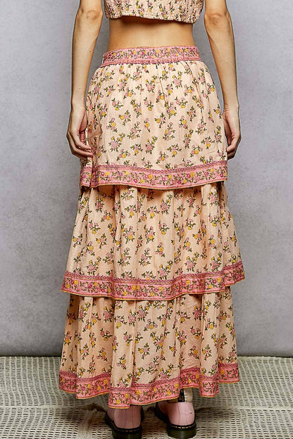 Peach Floral ruffle Maxi Tiered Skirt