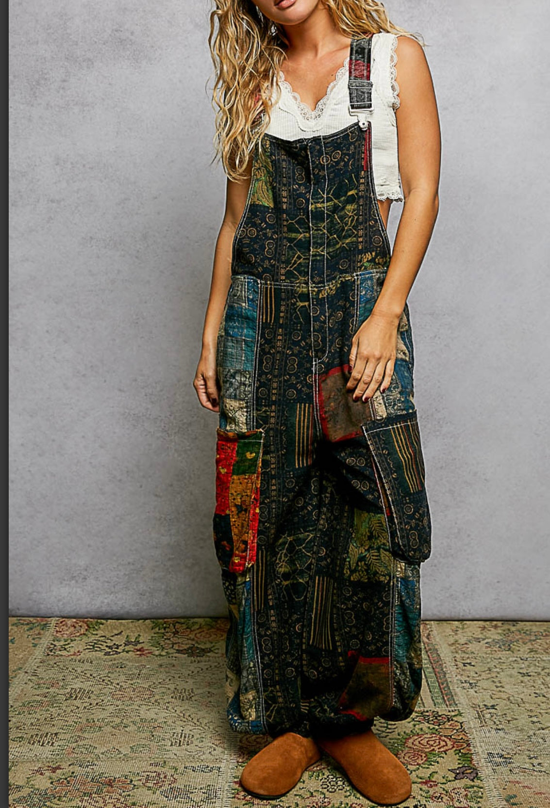 Black Patchwork Jogger Overalls