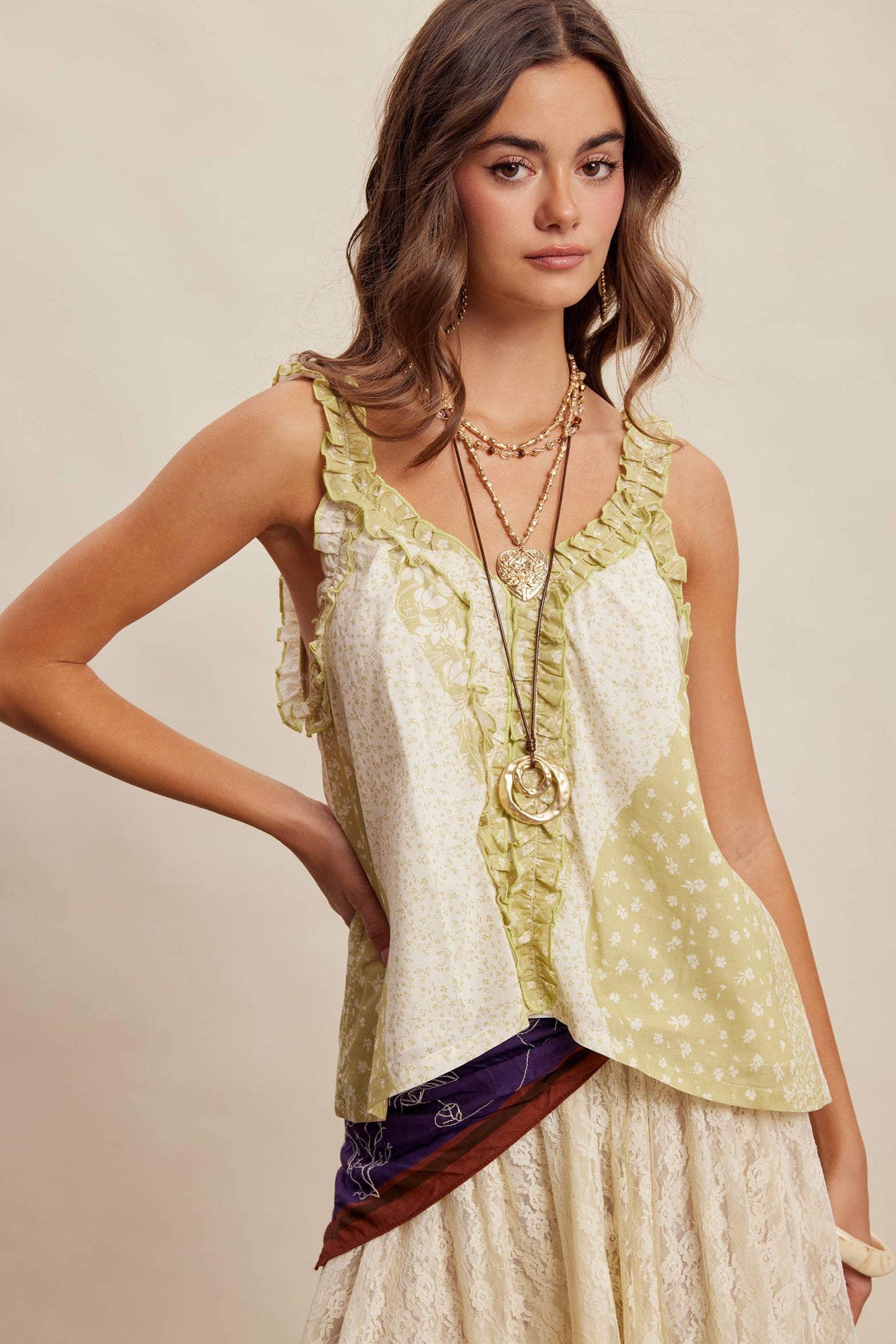 Sage Ruffle Trim Patchwork Tank Top