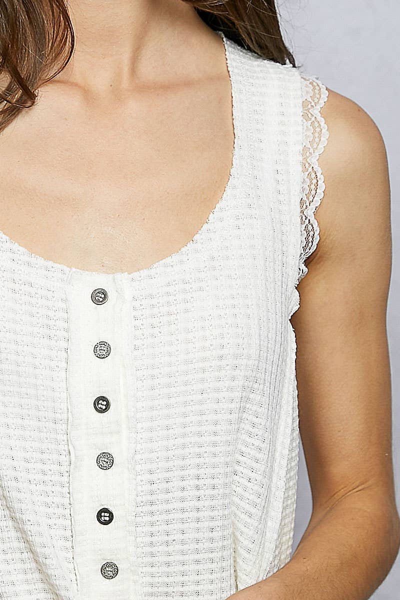 Soft Textured Front Placket Wavy Lace Sleeveless Top POL