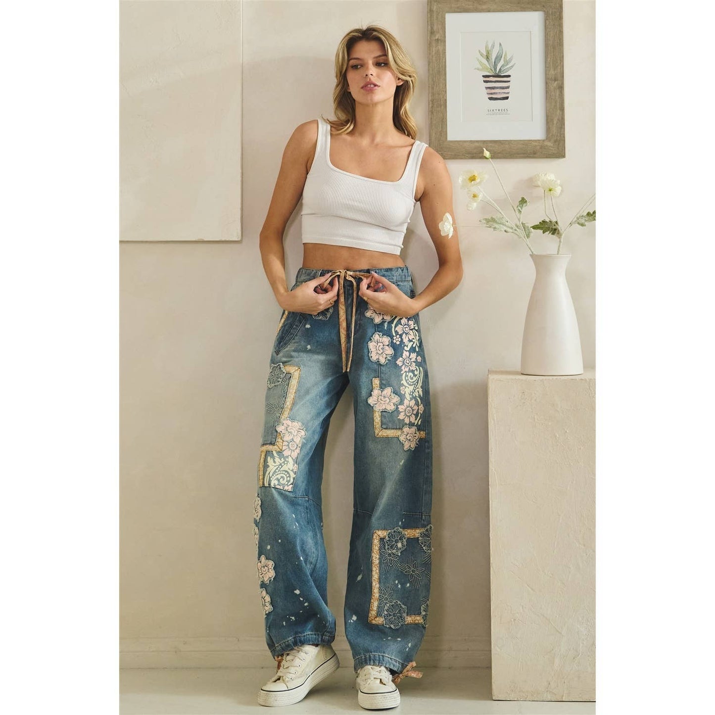 WASHED BLOCK PATCHED DENIM PANTS