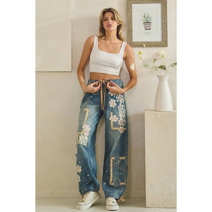 WASHED BLOCK PATCHED DENIM PANTS