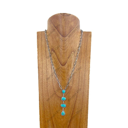 NKY231115-05-BLUE                 22 inches silver metal chain with four blue turquoise stone teardrops Necklace