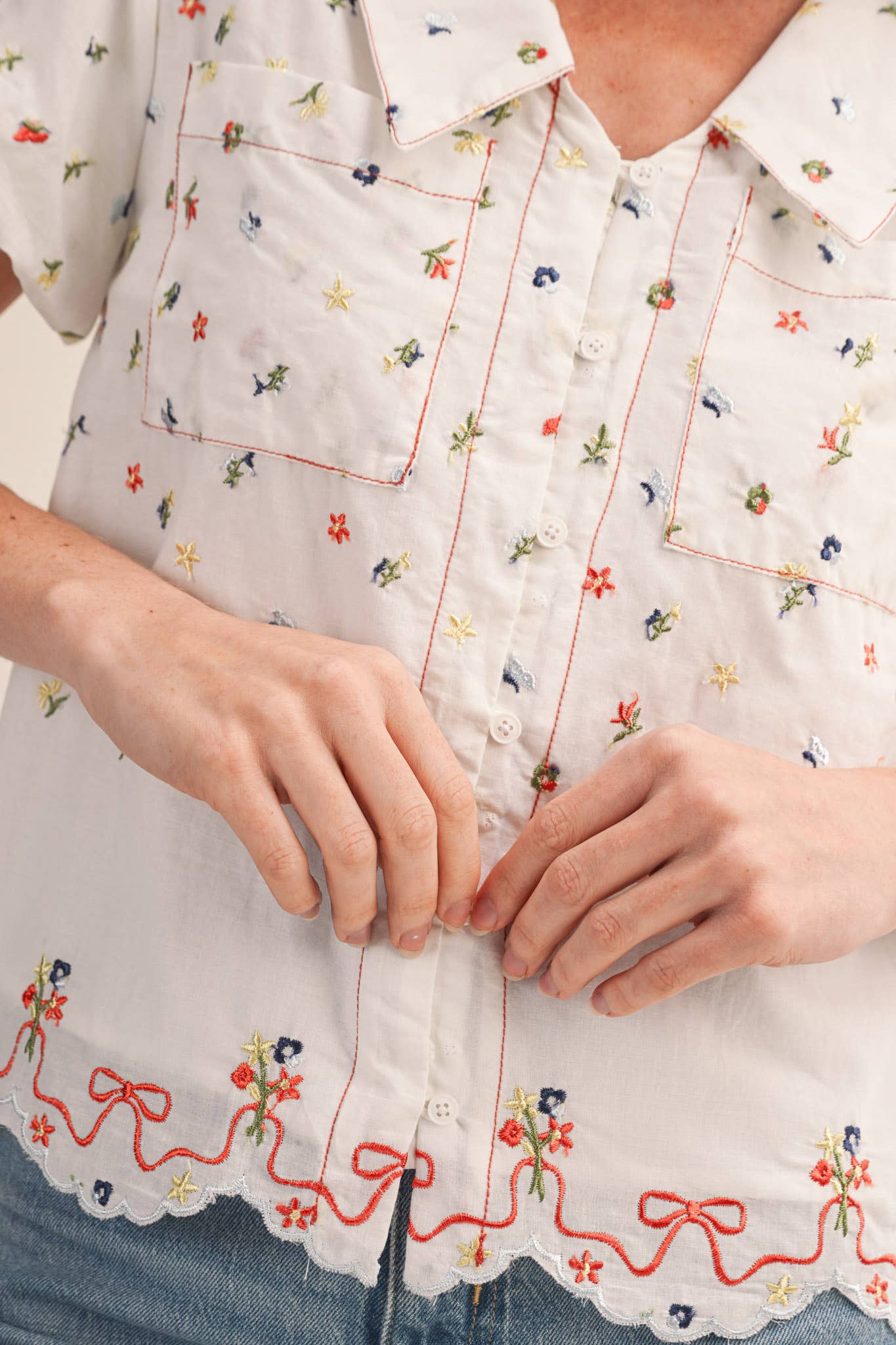 EMBROIDERED FLORAL BUBBLE SLEEVE BUTTON DOWN TOP