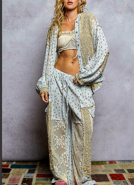 Baby Blue Floral Button Up Top Pol