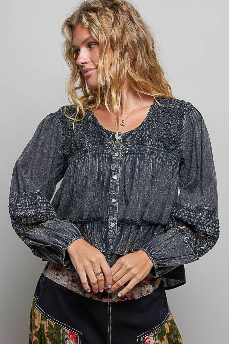 Feminine Lacework Pintuck Button Front Woven Blouse