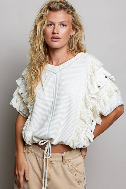 Textured Knit Ruffle Sleeve Lace Stud Cropped Short Top