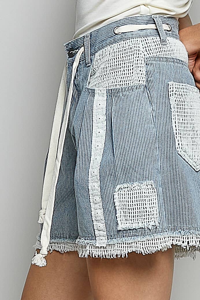 Vintage Washing Stripe Solid Crochet Patch Short Wide Pants