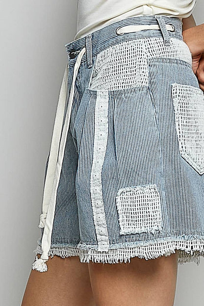 Vintage Washing Stripe Solid Crochet Patch Short Wide Pants