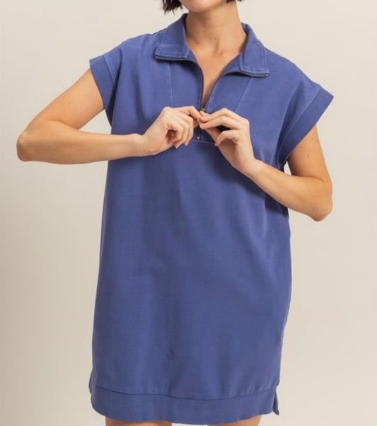 Indigo Blue Mock Half Zipper T-Shirt Dress