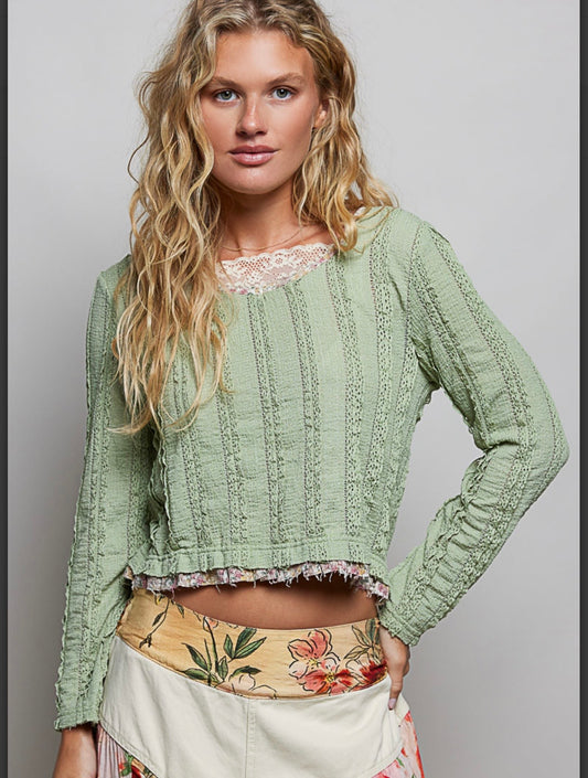 Honeydew Sage Lace Top Pol