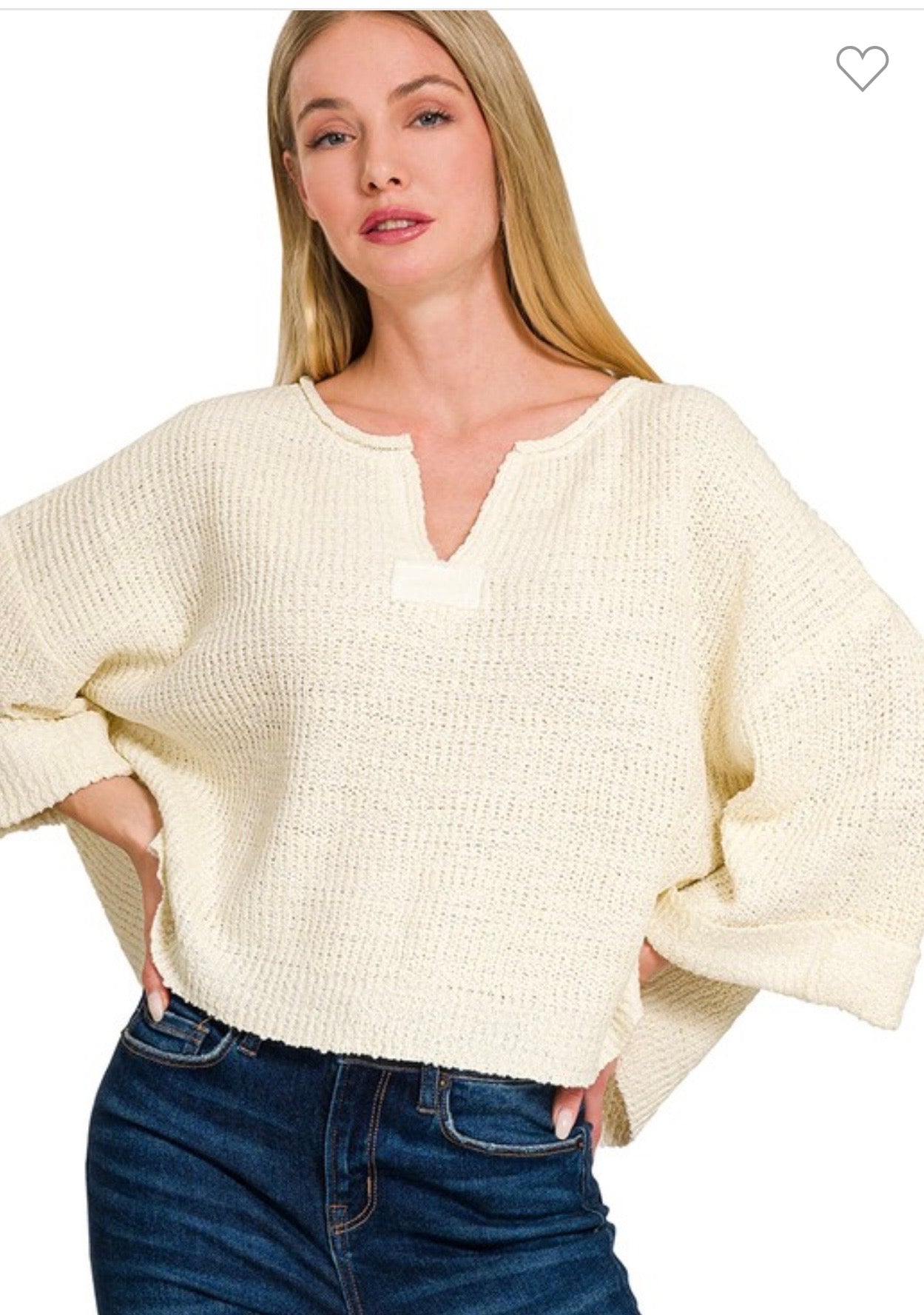 Z Split Cream v neck 3/4 Length Sleeve Top