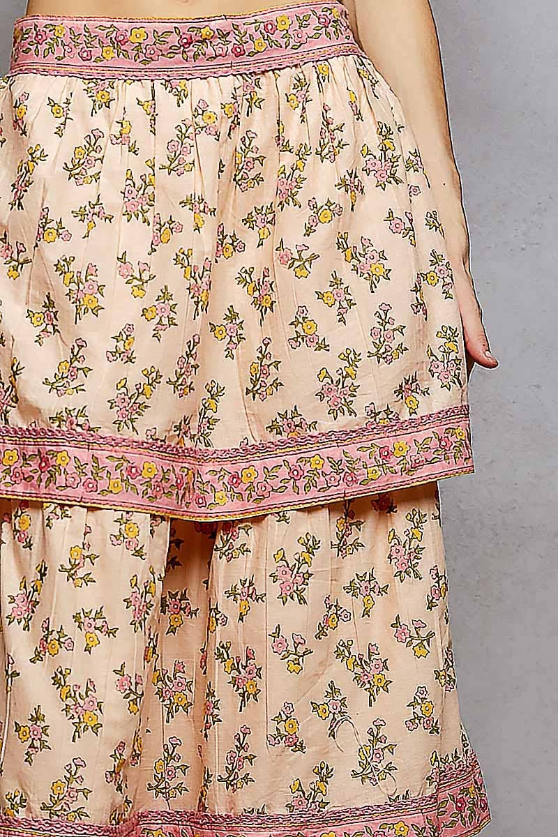 Peach Floral ruffle Maxi Tiered Skirt