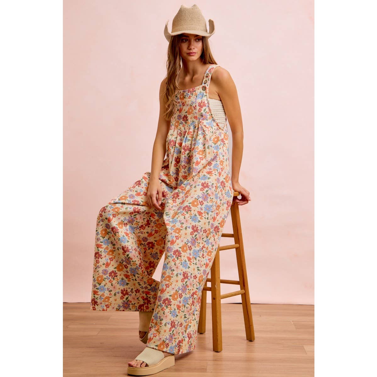 WASHED FLORAL TWILL FRONT POCKETS DETAIL OVERALL