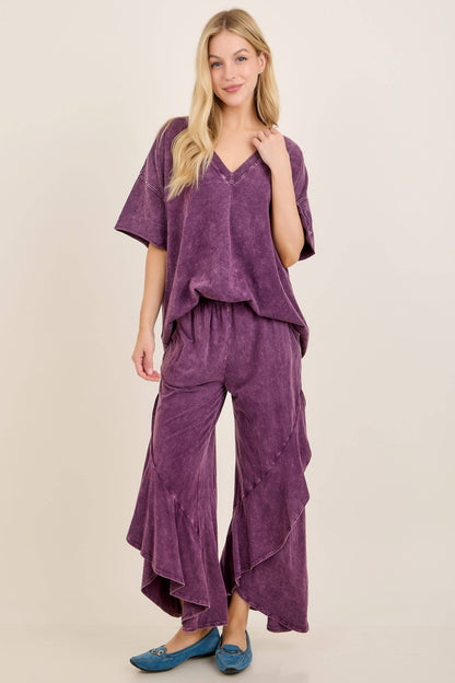 Mineral Washed Wavy Eggplant Ruffle Cropped Pants