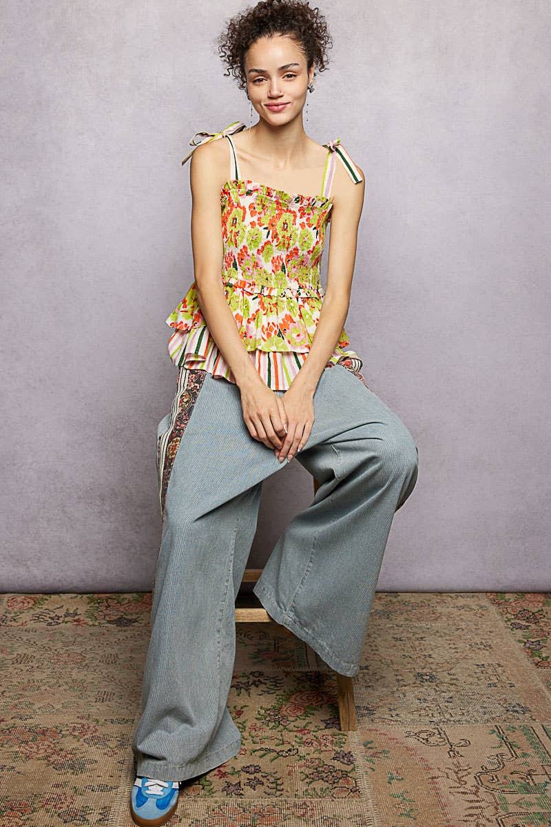 Lime Floral Ruffle Adjustable Strap Woven Printed Sleeveless Top