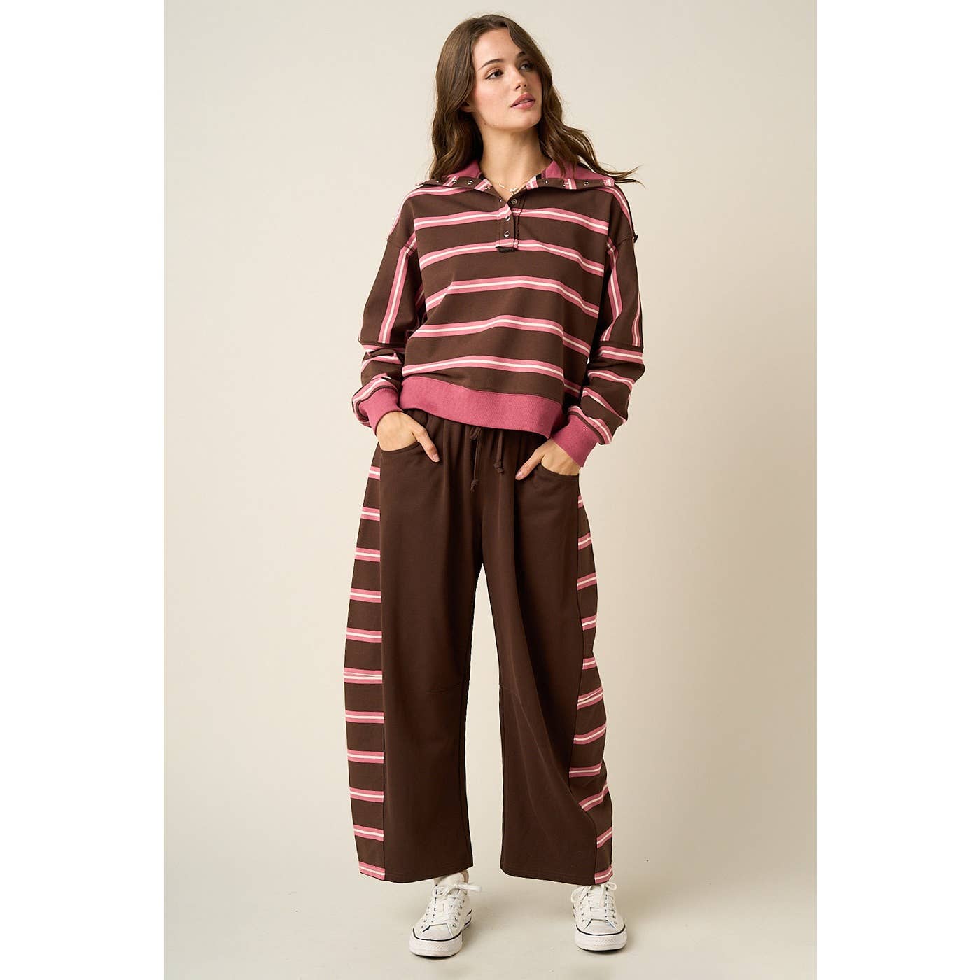 Mitto Shop Pink and Brown Contrast Striped Top