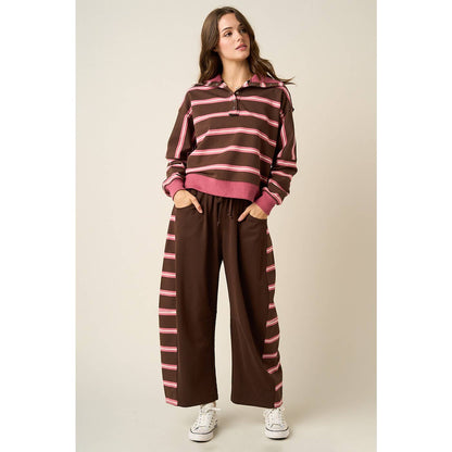 Mitto Shop Pink and Brown Contrast Striped Top