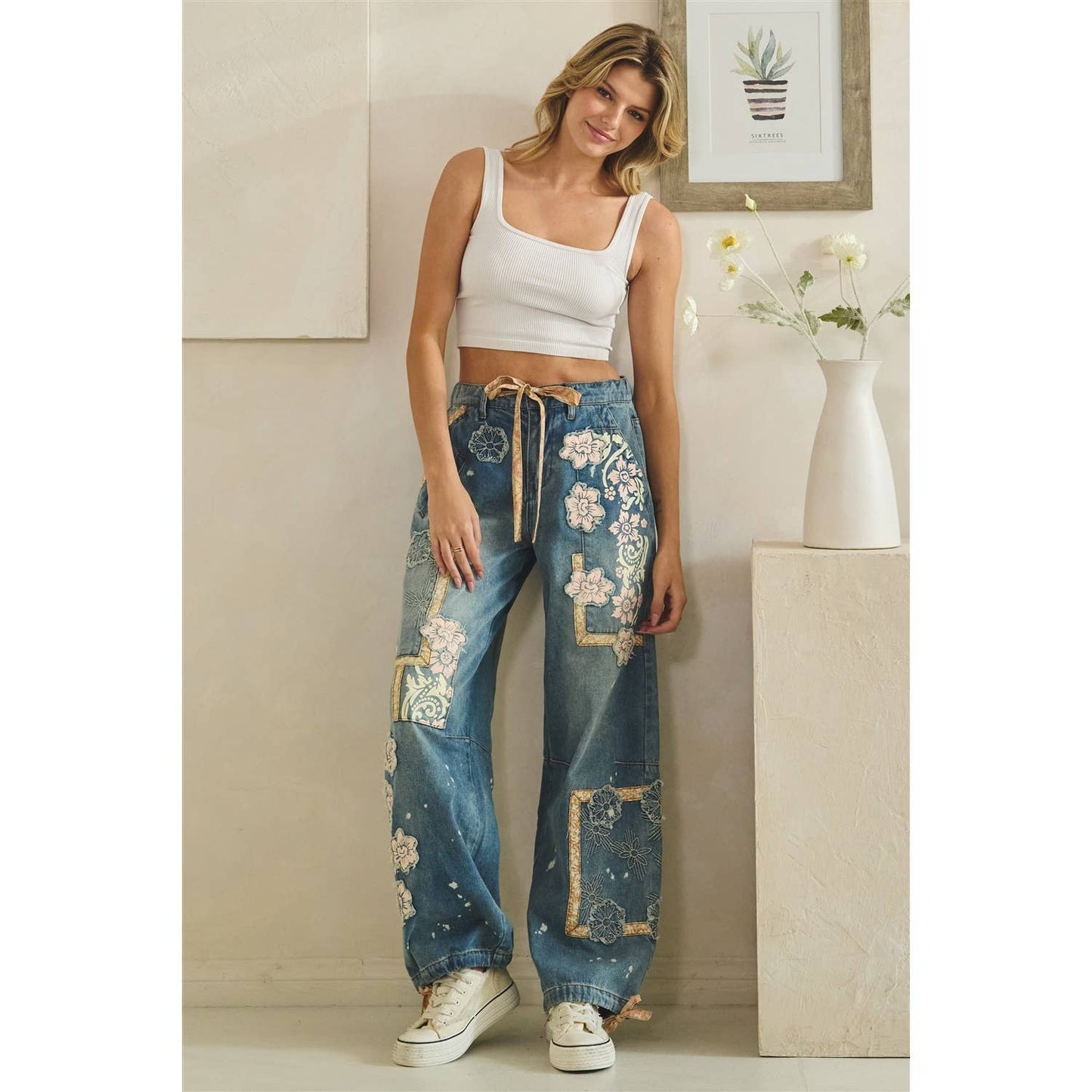 WASHED BLOCK PATCHED DENIM PANTS