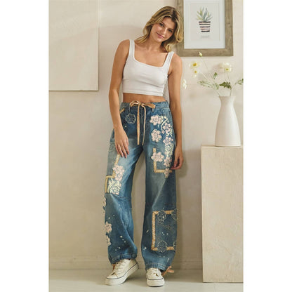 WASHED BLOCK PATCHED DENIM PANTS