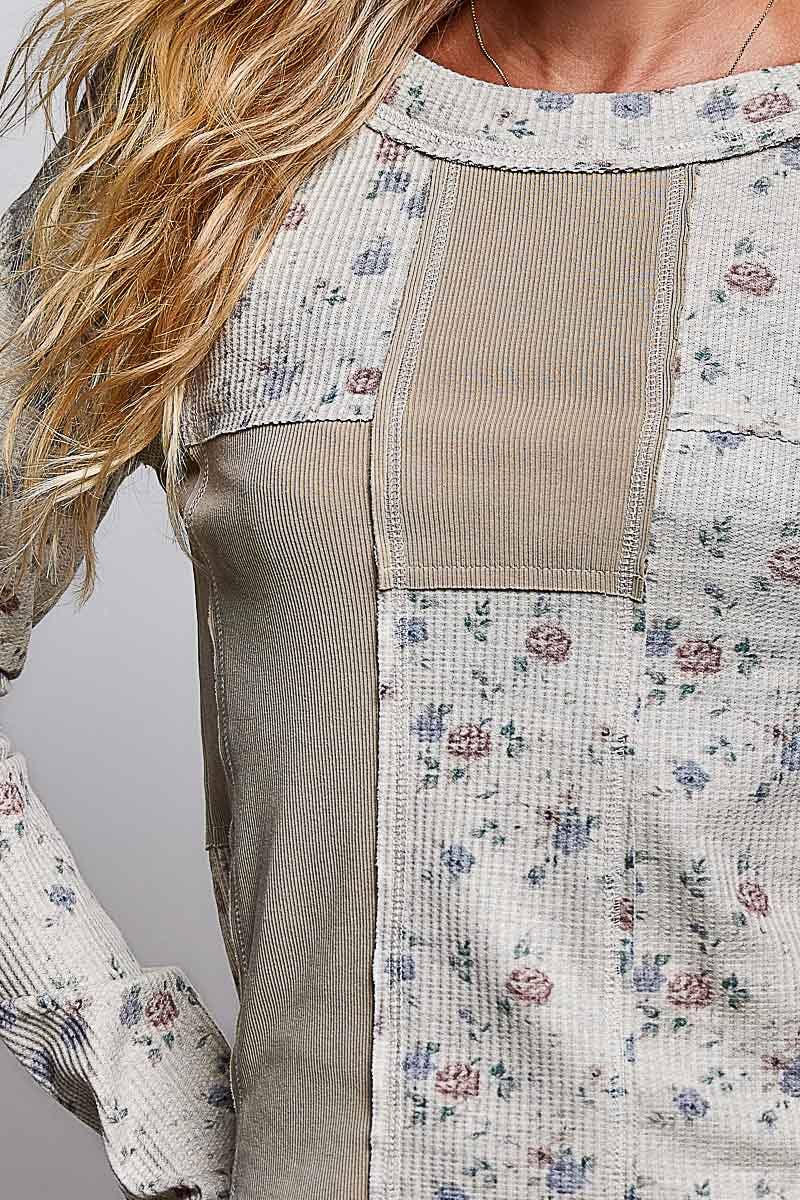 Floral Print Vintage Wash Slim Fit Long Sleeve Knit Top