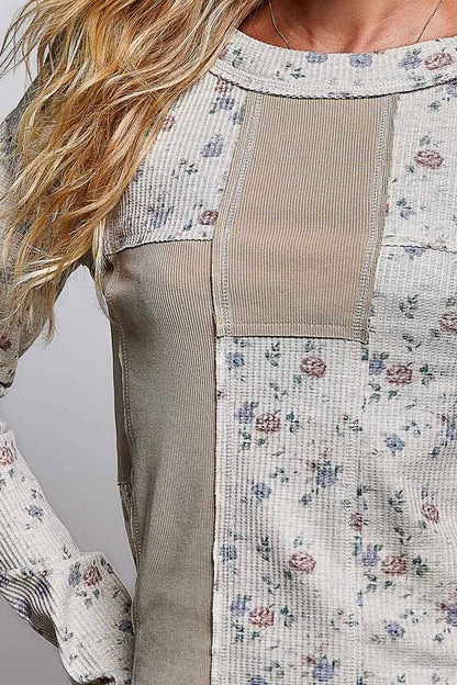 Floral Print Vintage Wash Slim Fit Long Sleeve Knit Top