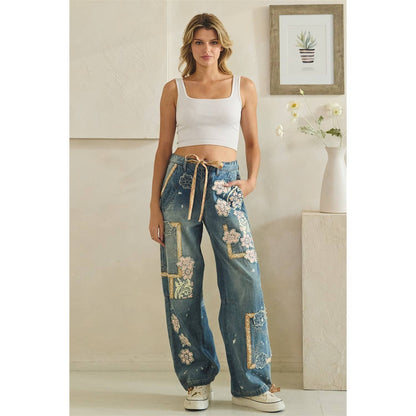 WASHED BLOCK PATCHED DENIM PANTS