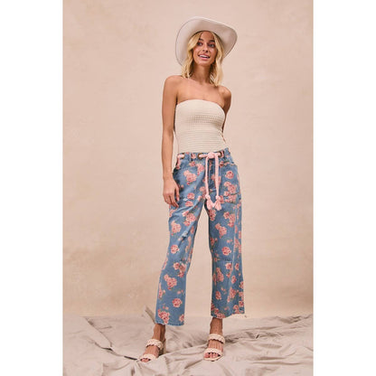 BRAIDING PATCH POCKET FLORAL DENIM PANTS