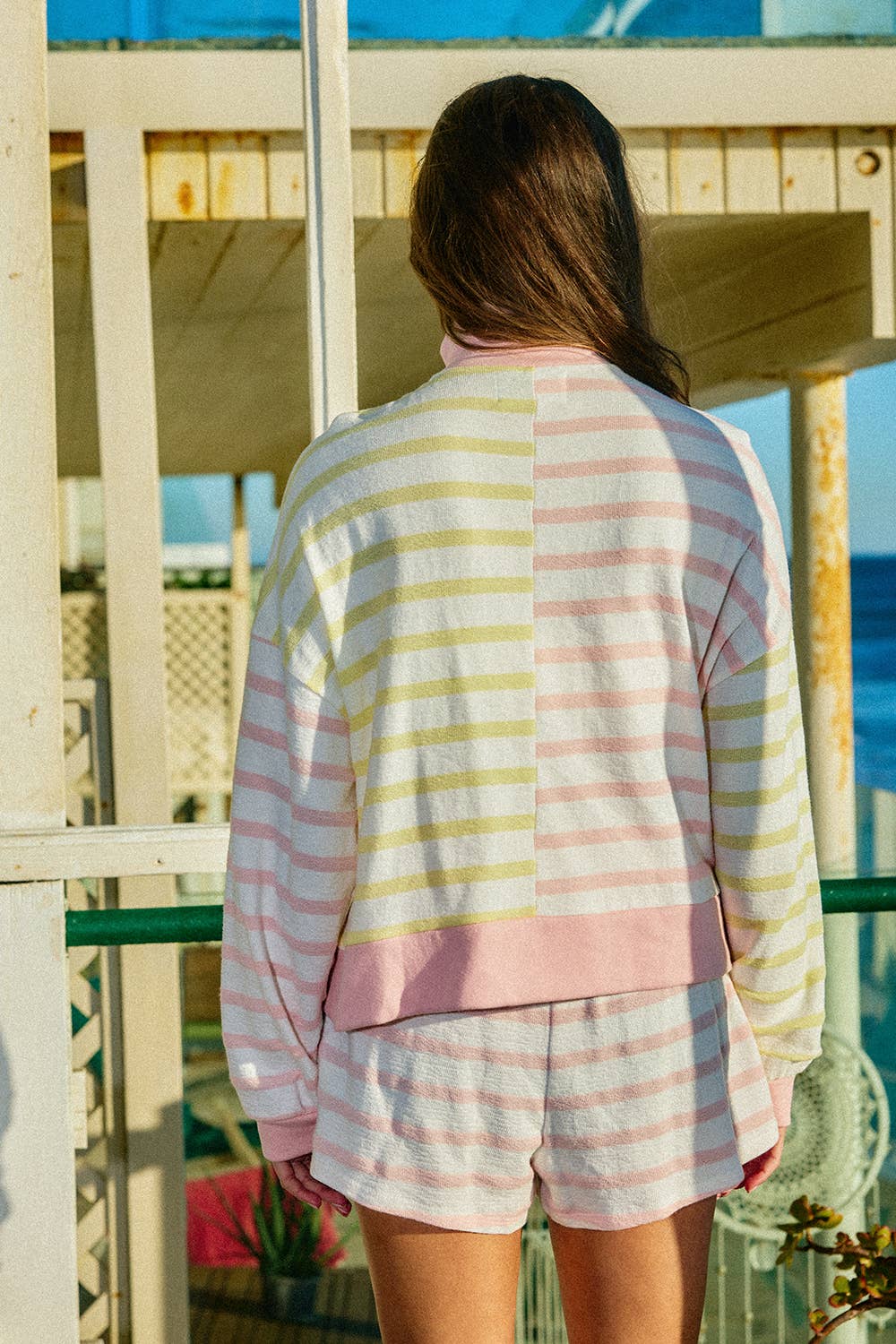 Oversized Funnel-Neck Half Zip Contrast Strip Top