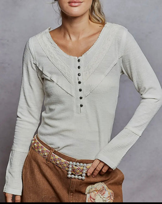 Cream Lace V Neck Henley Button Top Pol